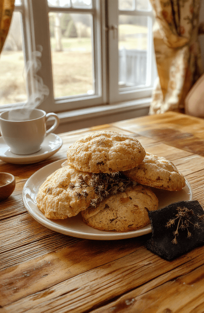 Two golden-brown oat and heather honey scones with cracked sugar crystals on top, resting on a weathered wooden board beside wild heather sprigs and a small ceramic pot of golden honey, soft natural light casting gentle shadows, rustic tea-time setting with vintage lace napkin
