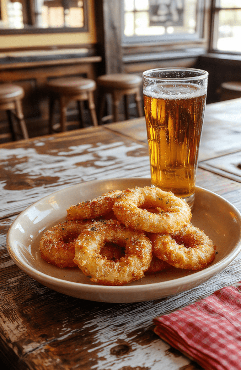 Golden-brown beer battered onion rings on a rustic wooden board, crisp and flaky batter cracking slightly to reveal tender onion layers, garnished with coarse sea salt and fresh parsley, served next to a frosty pint of beer and a small bowl of creamy dipping sauce on a vintage pub-themed table setting.