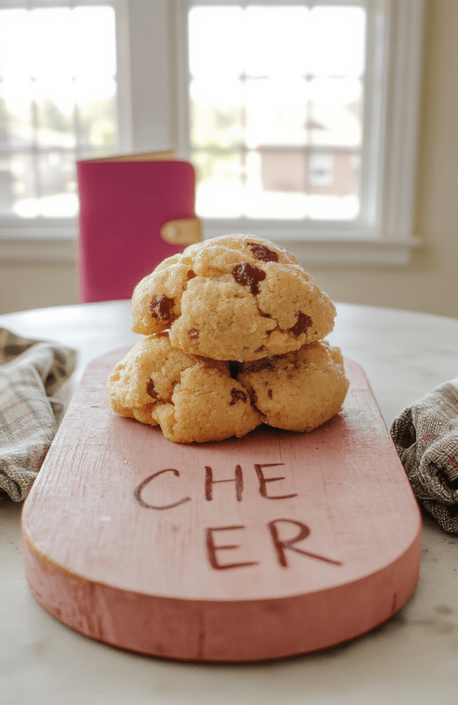 A rustic wooden cutting board holding a generous bowl of Clueless-inspired designer cookie dough with colorful sprinkles, candy pieces, and chunks of chocolate and white chocolate; pastel pink and mint green decorative elements around it, vintage 90s aesthetic with a chalkboard sign reading 'Cher’s Designer Dough' in cursive, soft natural light, shallow depth of field focus on the creamy dough texture.