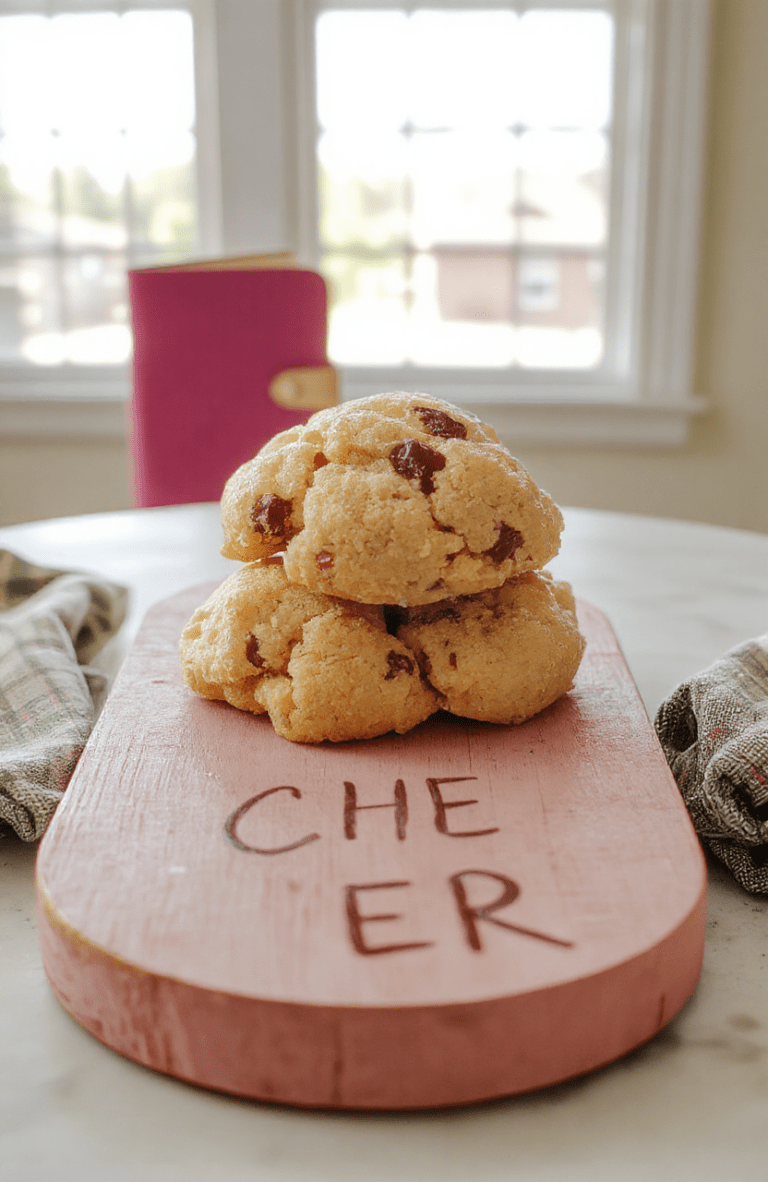 A rustic wooden cutting board holding a generous bowl of Clueless-inspired designer cookie dough with colorful sprinkles, candy pieces, and chunks of chocolate and white chocolate; pastel pink and mint green decorative elements around it, vintage 90s aesthetic with a chalkboard sign reading 'Cher’s Designer Dough' in cursive, soft natural light, shallow depth of field focus on the creamy dough texture.