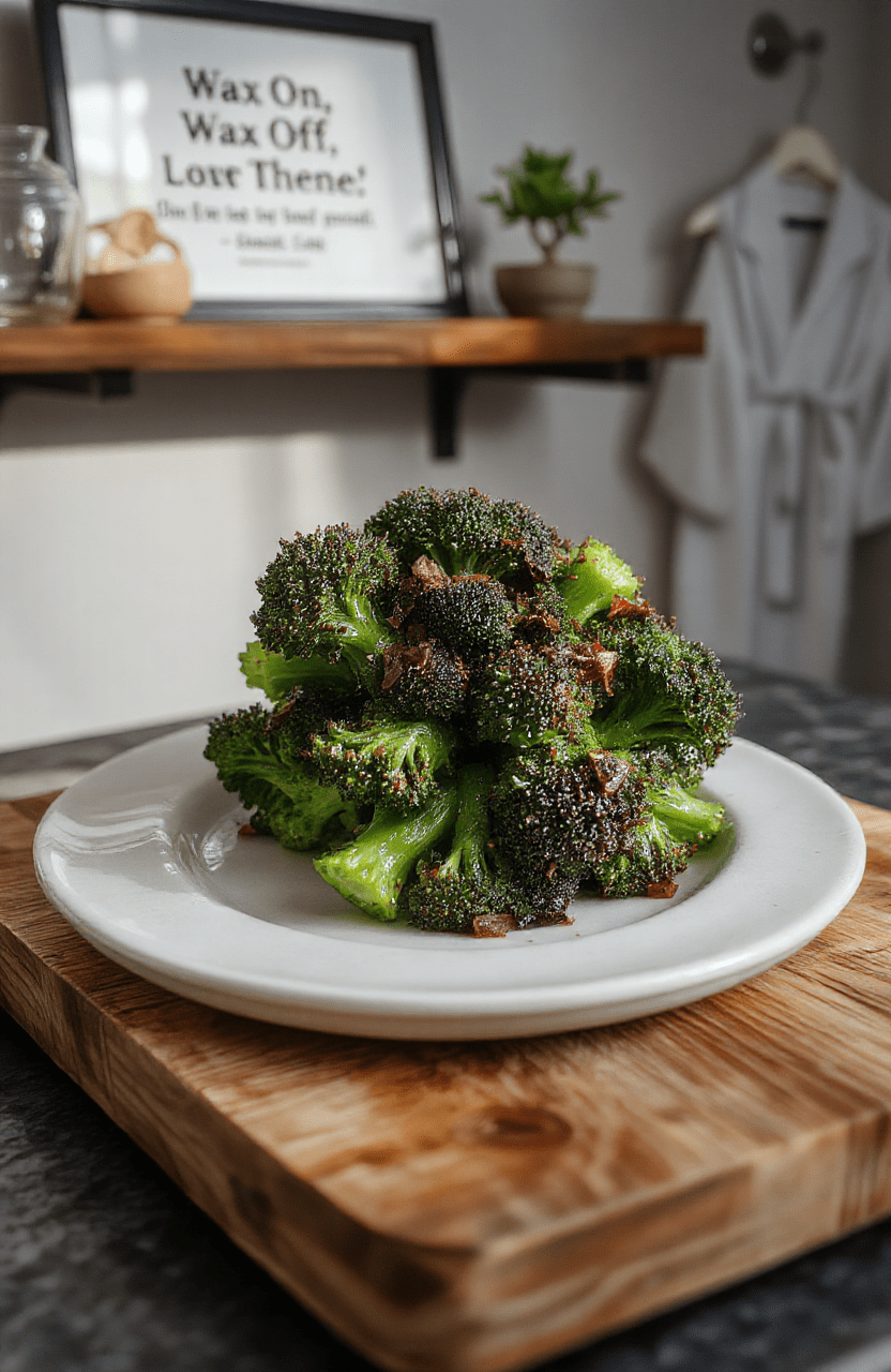 A vibrant, minimalist bowl of bright green broccoli florets styled like a living bonsai tree, perched on a rustic wooden board with subtle Japanese-inspired garnishes — sesame seeds, microgreens, and a drizzle of golden mirin glaze. Soft natural light highlights the glossy sheen and crisp texture.