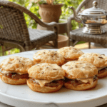 Three delicate finger sandwiches on a white porcelain plate, featuring crustless cucumber-brie bites, smoked salmon with dill cream, and egg salad with chives, arranged neatly with silverware and a sprig of fresh dill beside a steaming cup of Earl Grey tea in a fine bone china teacup, soft daylight from a window casting gentle shadows, elegant garden setting with blurred floral background.