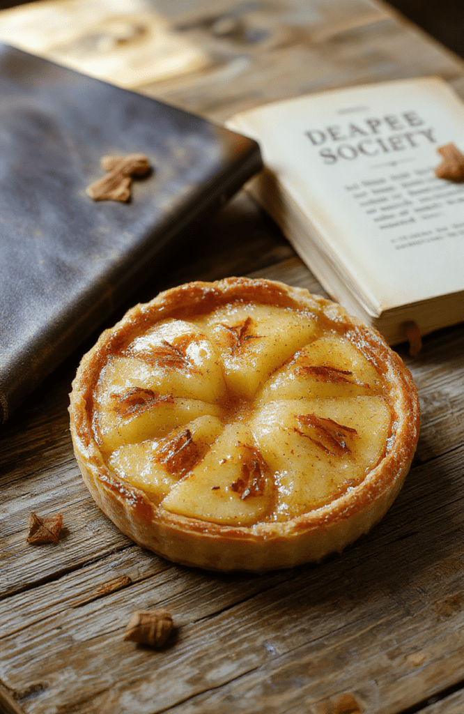 A golden-brown apple tart arranged in a rustic lattice pattern on a wooden board, surrounded by scattered autumn leaves and an open vintage book with