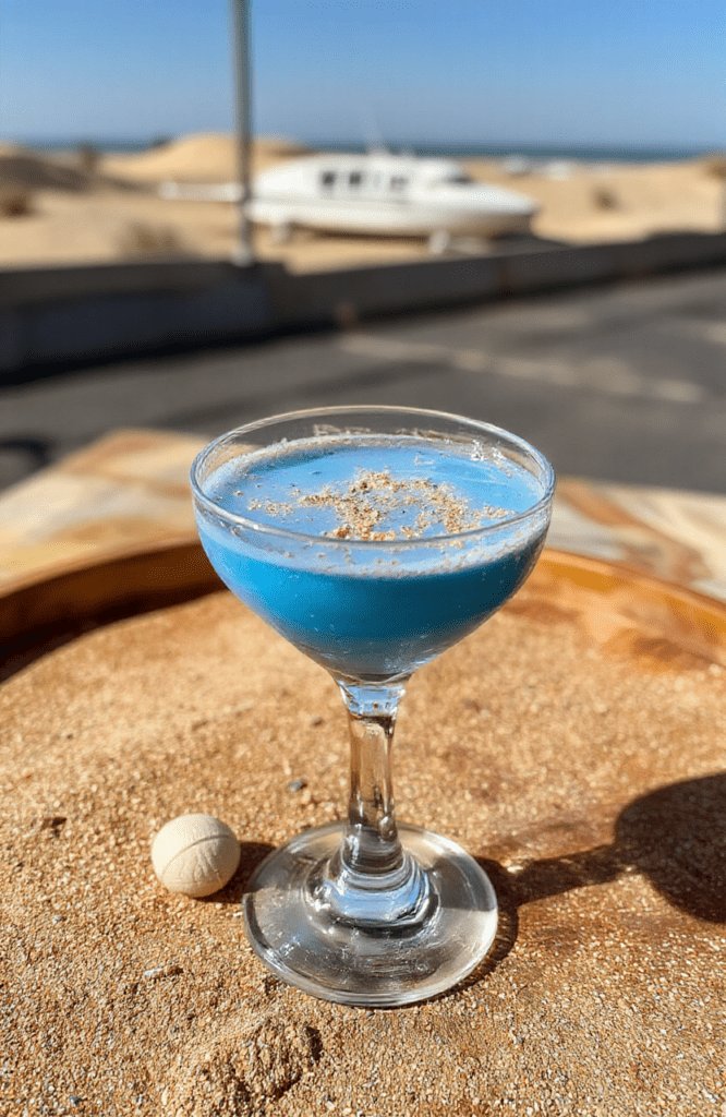 A striking cobalt-blue layered mocktail in a clear tall glass with sand-colored foam rim and a twist of edible silver leaf on the rim, resting on a wooden banquet table beside a glowing blue crystal and scattered spice grains