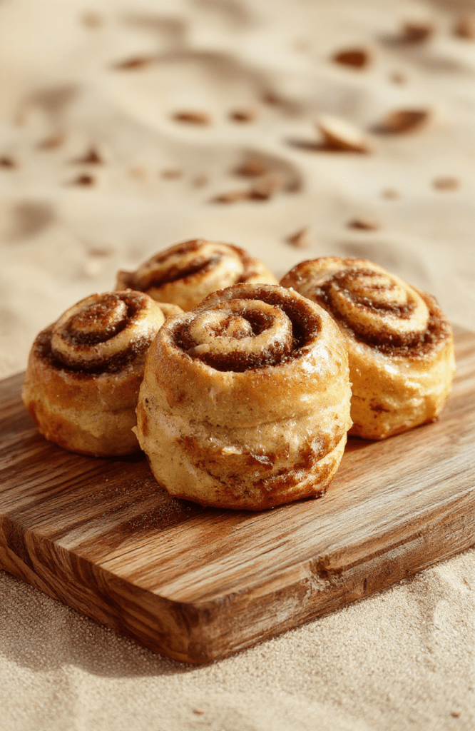 Two golden-brown cinnamon rolls dusted with deep red spice blend, nestled on a rustic wooden tray beside a shallow dish of saffron-hued melange spices, softFocus background suggests desert dunes and blue-vs.-blue lenses.