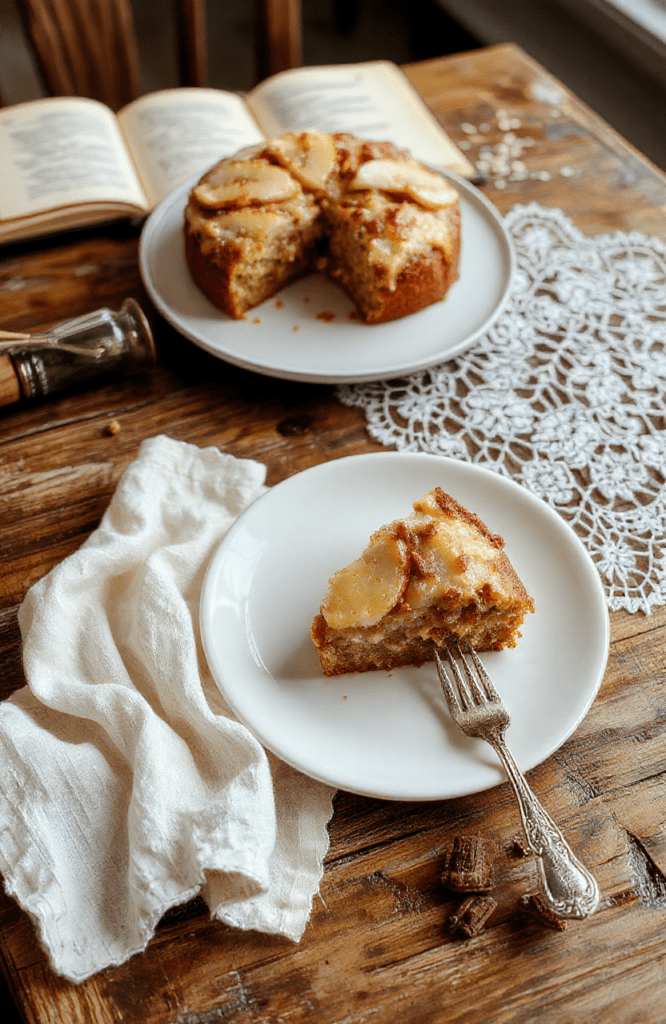 A rustic, domed spiced pear and walnut cake on a vintage porcelain plate, dusted with powdered sugar, surrounded by sliced fresh pears, crushed walnuts, cinnamon sticks, and a sprig of rosemary. Warm golden crumb texture visible from a side slice, high daylight lighting, shallow depth of field, soft shadows.