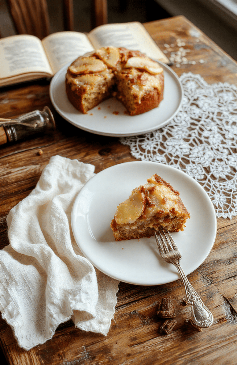 A rustic, domed spiced pear and walnut cake on a vintage porcelain plate, dusted with powdered sugar, surrounded by sliced fresh pears, crushed walnuts, cinnamon sticks, and a sprig of rosemary. Warm golden crumb texture visible from a side slice, high daylight lighting, shallow depth of field, soft shadows.