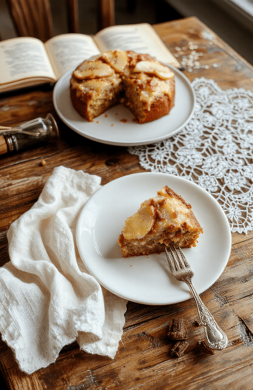 A rustic, domed spiced pear and walnut cake on a vintage porcelain plate, dusted with powdered sugar, surrounded by sliced fresh pears, crushed walnuts, cinnamon sticks, and a sprig of rosemary. Warm golden crumb texture visible from a side slice, high daylight lighting, shallow depth of field, soft shadows.
