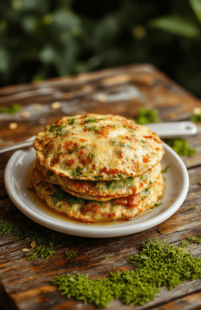 Two vibrant green corn arepas with a golden crisp exterior, filled with bright ají de verde sauce and crumbled queso fresco, placed on a rustic wooden board with fresh cilantro leaves and a hint of lime zest, against a softly blurred magical forest backdrop.