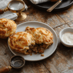 Flaky golden-brown meat pie with a lattice crust, resting on a rustic wooden board amid a London fog backdrop, garnished with fresh thyme and served beside a vintage paper-wrapped pie wrapper and a steaming polka-dot teacup.