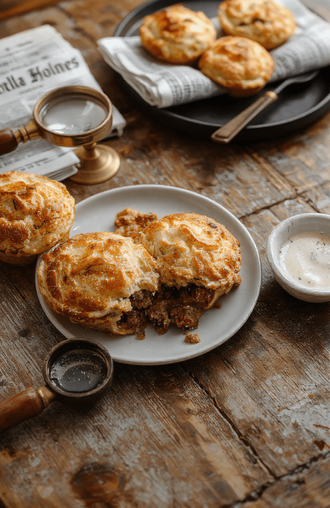Flaky golden-brown meat pie with a lattice crust, resting on a rustic wooden board amid a London fog backdrop, garnished with fresh thyme and served beside a vintage paper-wrapped pie wrapper and a steaming polka-dot teacup.