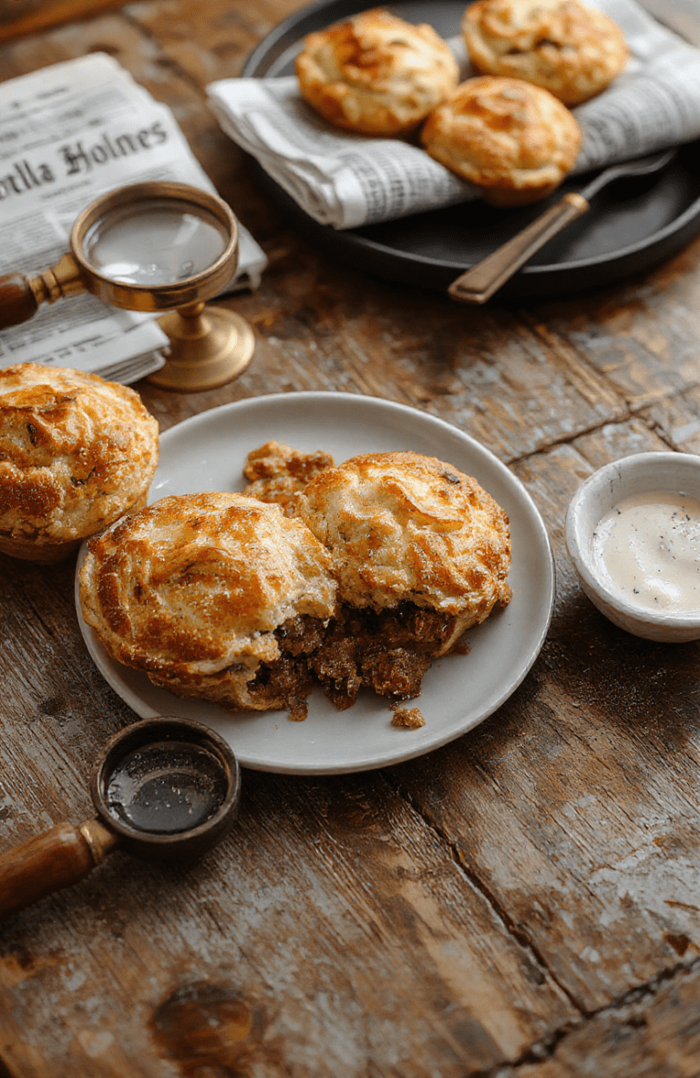 Flaky golden-brown meat pie with a lattice crust, resting on a rustic wooden board amid a London fog backdrop, garnished with fresh thyme and served beside a vintage paper-wrapped pie wrapper and a steaming polka-dot teacup.