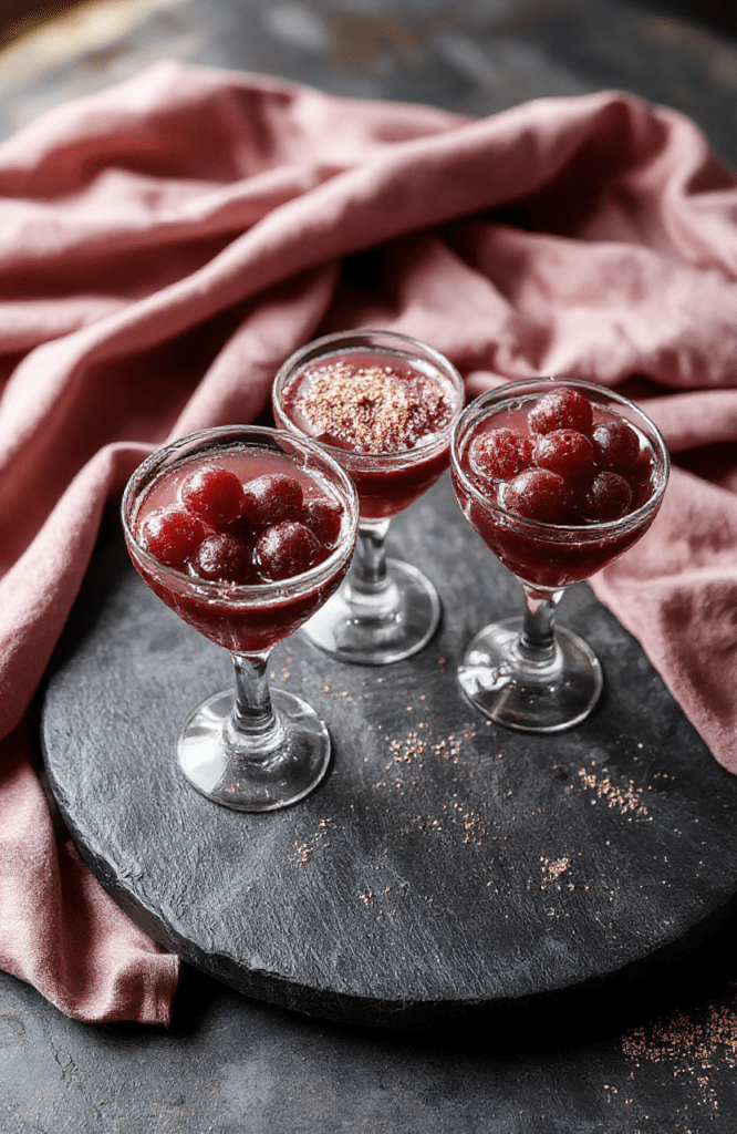 A shimmering glass filled with vibrant purple grape mocktail dotted with edible glitter, garnished with fresh grapes and mint leaves, placed on a dark marble surface with soft golden lighting, evoking the stylish and dramatic aesthetic of the TV show Euphoria.