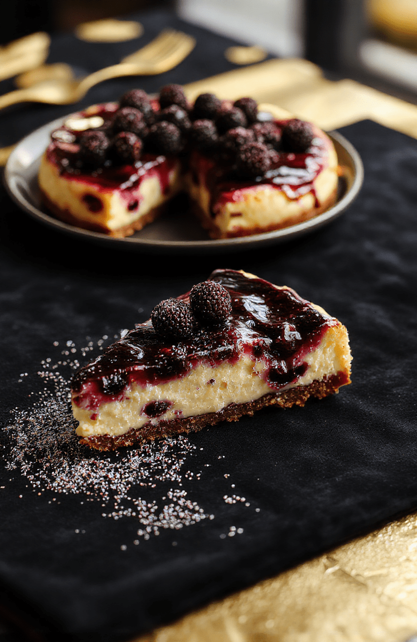 A glossy, shimmering blueberry cheesecake with edible gold dust swirls, topped with fresh whole blueberries and sparkly edible glitter, served on a sleek black ceramic plate against a soft velvet backdrop in warmambient light.