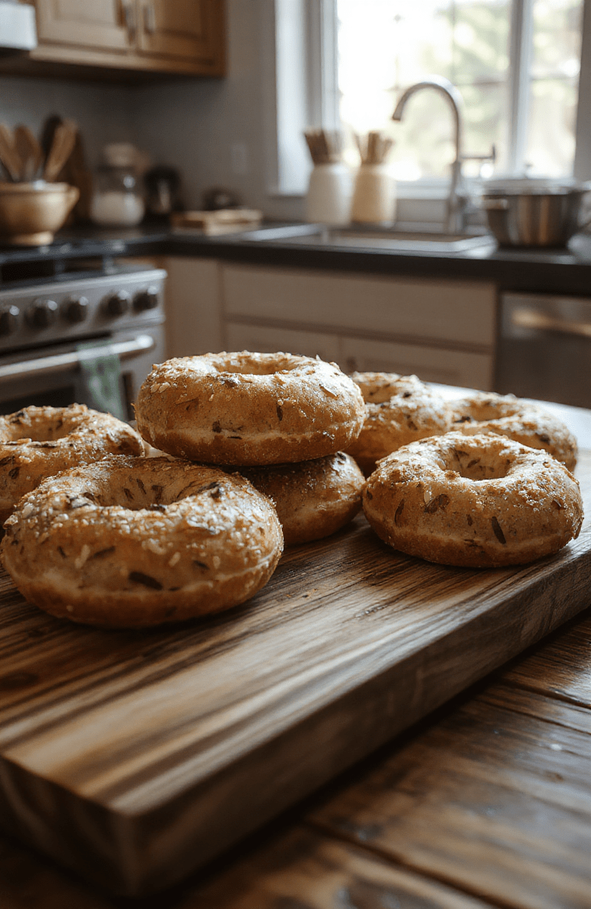 Golden-brown, crusty everything bagels with generous toppings of sesame seeds, poppy seeds, garlic flakes, onion flakes, and salt crystals, sliced in half on a wooden board with清晨 light and steam rising.