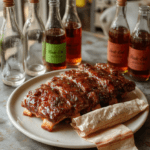 Glossy, sticky BBQ ribs glazed with deep cherry-red Nuka Cola reduction, glistening under warm daylight, arranged on a vintage wrought-iron grate with steaming cracks of smoke rising, surrounded by small glass bottles labeled 'Nuka Cola' and a scattered pile of emergency ration wrappers, rustic wooden table surface with faint graffiti reading '11-13', shallow depth of field, vibrant and appetizing focusing on caramelized meat and sticky sauce