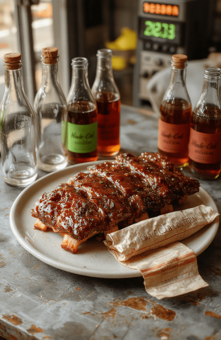 Glossy, sticky BBQ ribs glazed with deep cherry-red Nuka Cola reduction, glistening under warm daylight, arranged on a vintage wrought-iron grate with steaming cracks of smoke rising, surrounded by small glass bottles labeled 'Nuka Cola' and a scattered pile of emergency ration wrappers, rustic wooden table surface with faint graffiti reading '11-13', shallow depth of field, vibrant and appetizing focusing on caramelized meat and sticky sauce