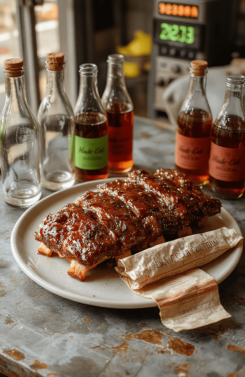 Glossy, sticky BBQ ribs glazed with deep cherry-red Nuka Cola reduction, glistening under warm daylight, arranged on a vintage wrought-iron grate with steaming cracks of smoke rising, surrounded by small glass bottles labeled 'Nuka Cola' and a scattered pile of emergency ration wrappers, rustic wooden table surface with faint graffiti reading '11-13', shallow depth of field, vibrant and appetizing focusing on caramelized meat and sticky sauce
