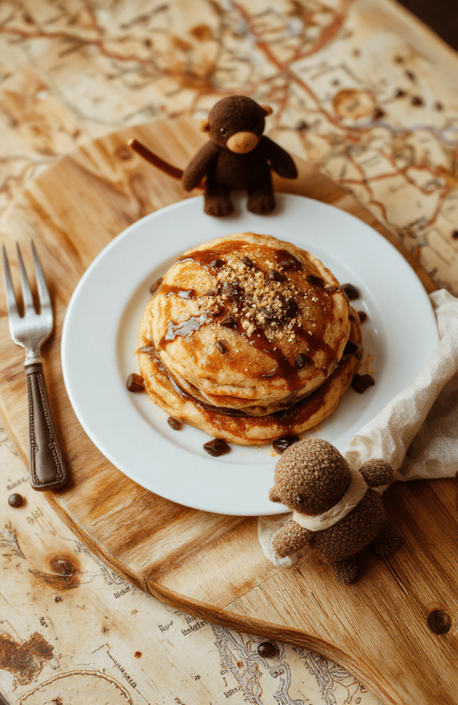 A stack of golden-brown pancake rounds shaped like Muggle coins, dusted with edible gold glitter, arranged on a wooden cutting board with chocolate-dipped edges, surrounded by miniatures of nifflers, tiny dragons, and a scattered pile of faux gold coins. Soft natural light, rustic backdrop with parchment and quill.