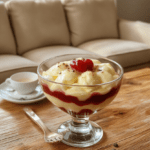 A tiered English trifle served in a clear glass bowl, showing layers of sponge cake soaked in sherry, raspberry jam, custard, whipped cream, and fresh berries like strawberries and red currants, garnished with powdered sugar and mint leaves.