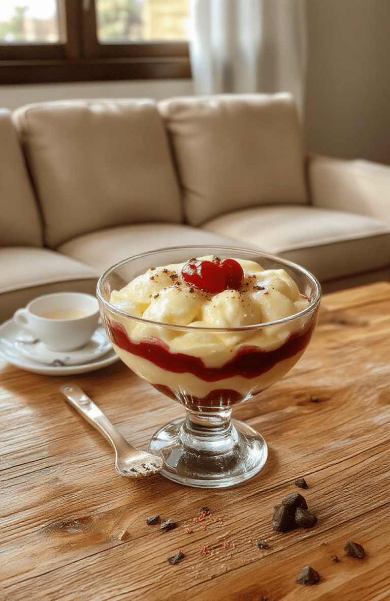 A tiered English trifle served in a clear glass bowl, showing layers of sponge cake soaked in sherry, raspberry jam, custard, whipped cream, and fresh berries like strawberries and red currants, garnished with powdered sugar and mint leaves.