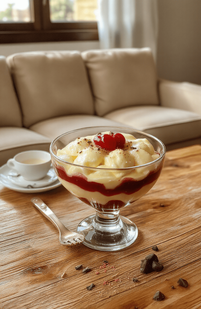 A tiered English trifle served in a clear glass bowl, showing layers of sponge cake soaked in sherry, raspberry jam, custard, whipped cream, and fresh berries like strawberries and red currants, garnished with powdered sugar and mint leaves.