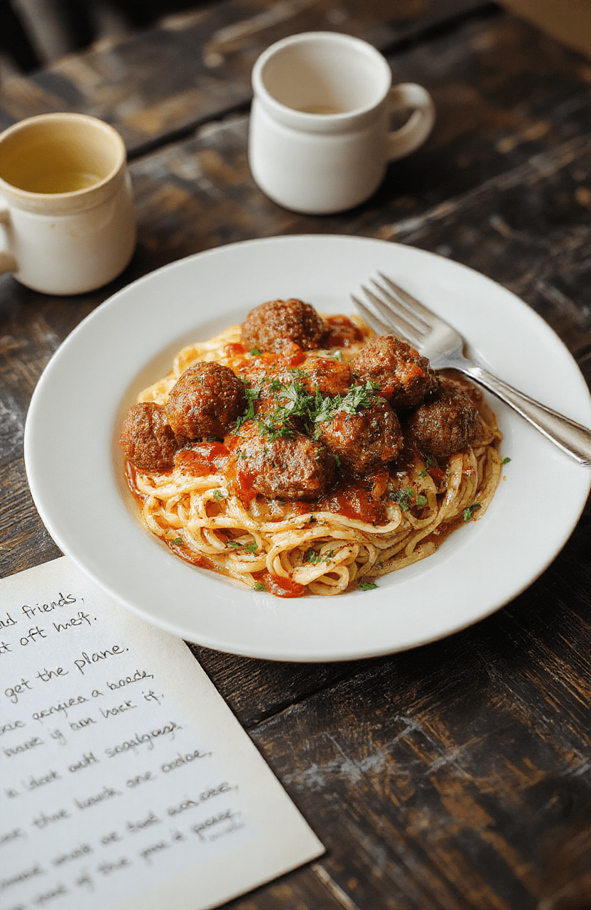 A steaming bowl of classic Italian-style spaghetti with rich tomato meatballs, topped with fresh basil and grated Parmesan, placed on a rustic wooden table with coffee mugs and a scattered Script page reading 'I got off the plane'. Soft natural daylight highlights glossy sauce and al dente pasta strands.