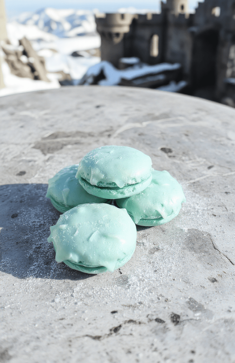 A pair of delicate, shimmering Elsa-themed macarons on a frosty white marble surface, with pastelblue and silver piped shells, edible glitter dusting, and tiny sugar snowflakes on top; soft background suggests a winter castle vibe with subtle pale blue and white tones.