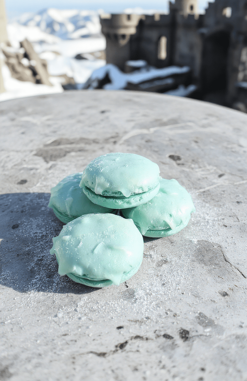 A pair of delicate, shimmering Elsa-themed macarons on a frosty white marble surface, with pastelblue and silver piped shells, edible glitter dusting, and tiny sugar snowflakes on top; soft background suggests a winter castle vibe with subtle pale blue and white tones.