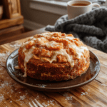 A slice of creamy carrot cake with swirls of white cream cheese frosting, dusted with orange-tinted powdered sugar resembling snowflakes, topped with a tiny fondant snowman face, served on a rustic wooden board with frosted windows and soft blue winter light in背景.