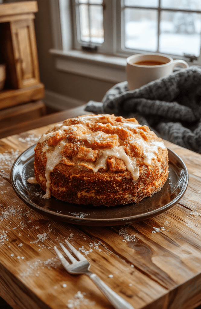 A slice of creamy carrot cake with swirls of white cream cheese frosting, dusted with orange-tinted powdered sugar resembling snowflakes, topped with a tiny fondant snowman face, served on a rustic wooden board with frosted windows and soft blue winter light in背景.