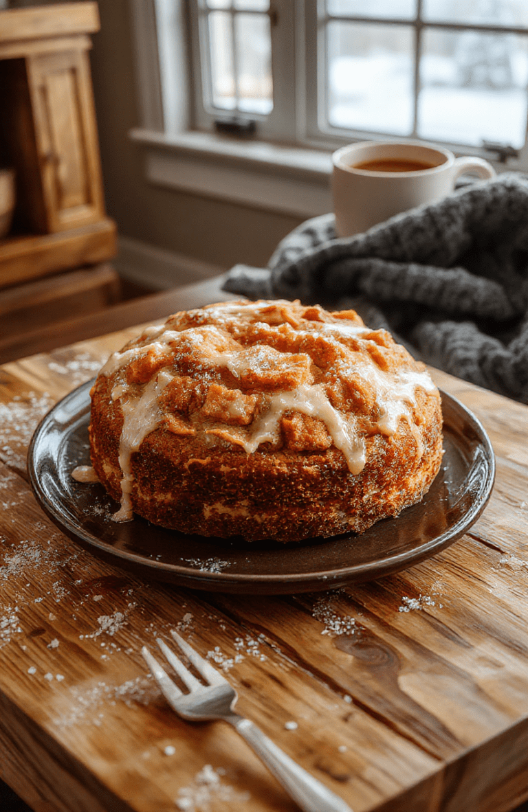 A slice of creamy carrot cake with swirls of white cream cheese frosting, dusted with orange-tinted powdered sugar resembling snowflakes, topped with a tiny fondant snowman face, served on a rustic wooden board with frosted windows and soft blue winter light in背景.