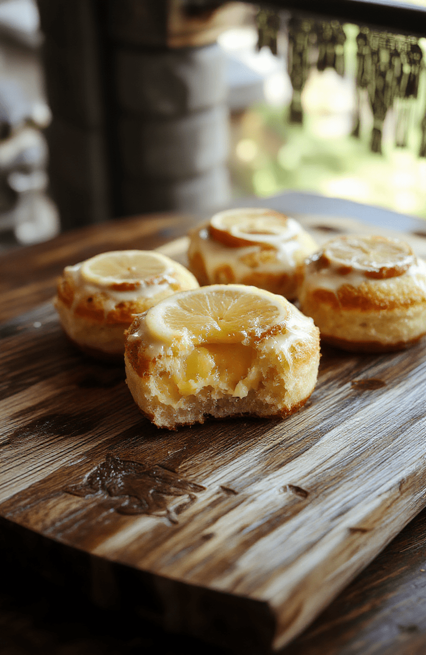 A trio of golden-brown lemon cakes sitting on a rustic wooden tray with a Dusty ${({Desert})} backdrop, each cake topped with a delicate lemon glaze and flecks of candied lemon peel, garnished with fresh lemon zest and microgreens, soft natural light casting gentle shadows.