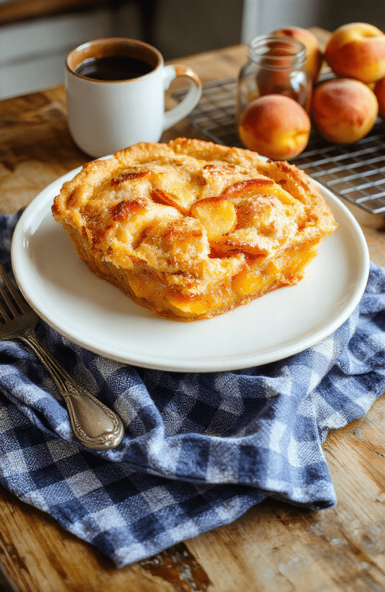 A golden-brown, flaky double-crust peach pie cooling on a wire rack, slices of ripe yellow peaches visible through a lattice top crust, served on a vintage blue-and-white checked plate beside a steaming mug of coffee, on a rustic kitchen table with wooden chairs and a gingham-clothed sideboard in soft daylight