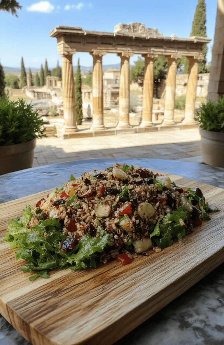 Vibrant Gladiator Maximus’ Ancient Grain Salad served in a rustic wooden bowl: farro, freekeh, and spelt grains base topped with jewel-toned pomegranate seeds, toasted pine nuts, chopped fresh parsley and mint, crumbled feta cheese, sliced kalamata olives, and cherry tomatoes, drizzled with extra virgin olive oil and lemon zest, garnished with a sprig of rosemary, against a weathered stone texture background with subtle Roman mosaic patterns.