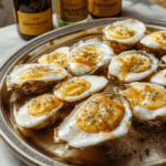 Elegant black-and-gold oyster platter on a polished silver tray, featuring plump raw oysters on a bed of crushed ice with lemon wedges, caviar-topped blinis, and fresh chives, set against a gilded art deco backdrop with subtle floral motifs and vintage Champagne flutes in soft focus