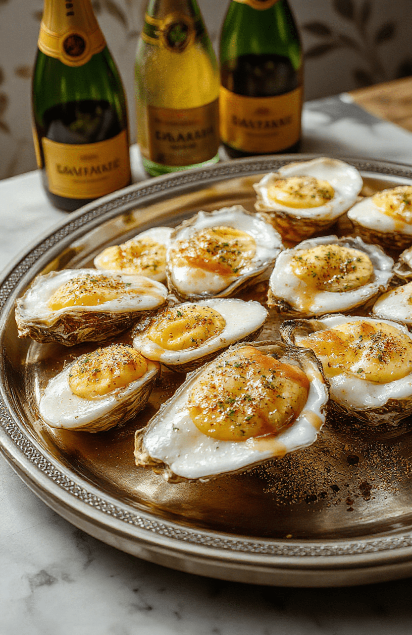 Elegant black-and-gold oyster platter on a polished silver tray, featuring plump raw oysters on a bed of crushed ice with lemon wedges, caviar-topped blinis, and fresh chives, set against a gilded art deco backdrop with subtle floral motifs and vintage Champagne flutes in soft focus