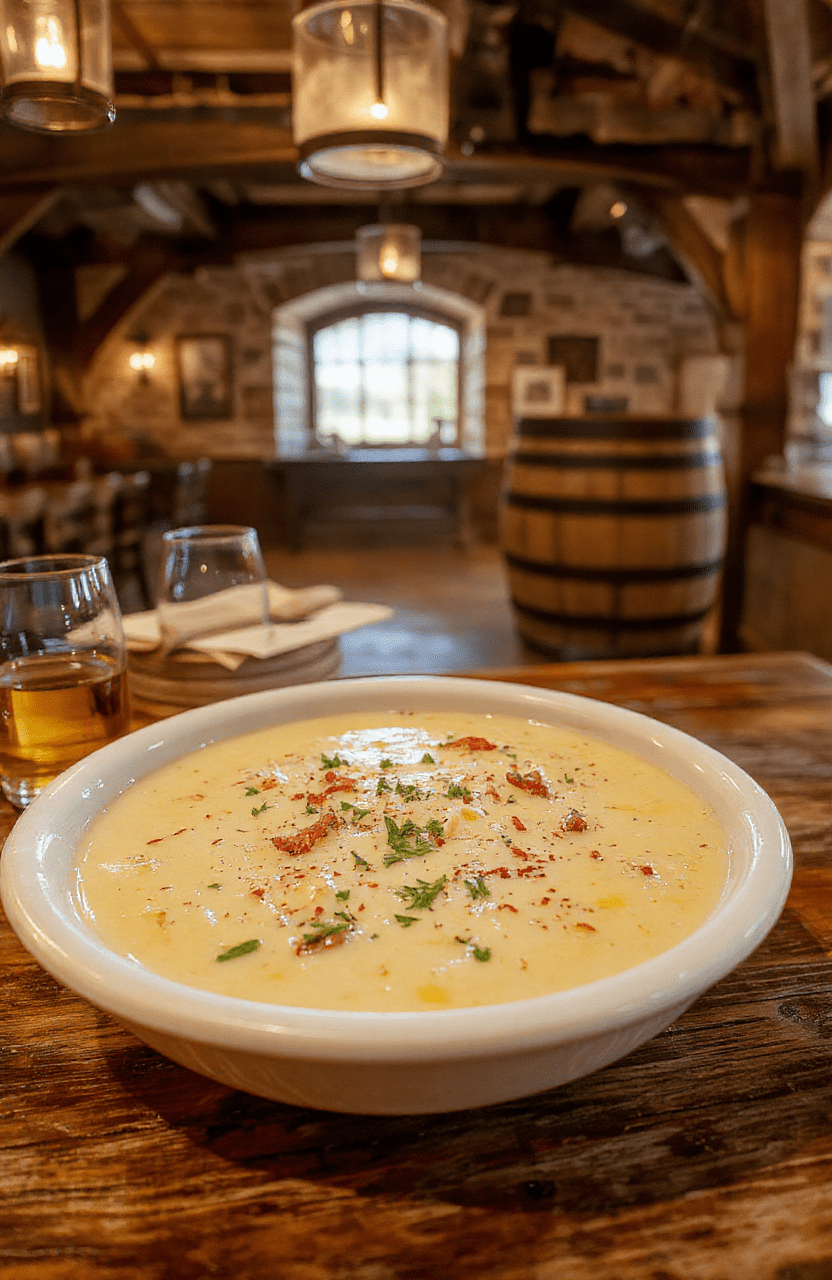 Creamy white cheese soup with vibrant green swirls of herbs and chunks of potatoes and carrots, served in a rustic ceramic bowl with a small glass of amber-green Dragon Ale beside it, garnished with fresh chives and a crouton, on a dark wooden table with warm ambient lighting.