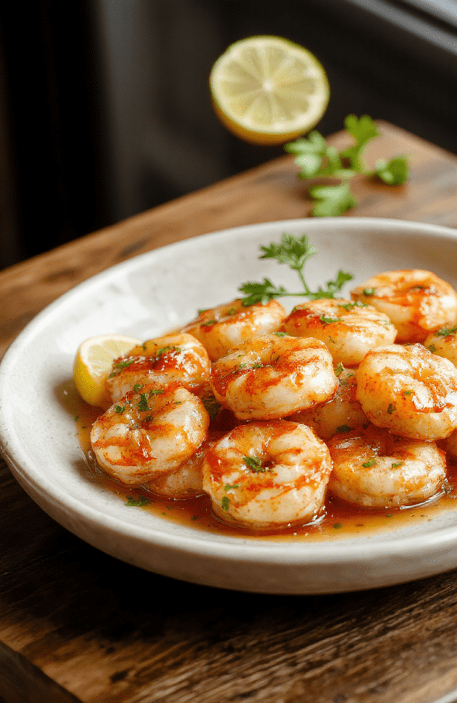 Vibrant pink and orange shrimp scattered across a white ceramic plate, glistening with a glossy lime-green glaze, garnished with fresh cilantro leaves and bright lime zest. Side of charred lemon wedges and scattered jalapeño slices add pops of color. Texture is juicy and slightly caramelized on edges, backdrop is rustic wooden board with soft natural shadows.