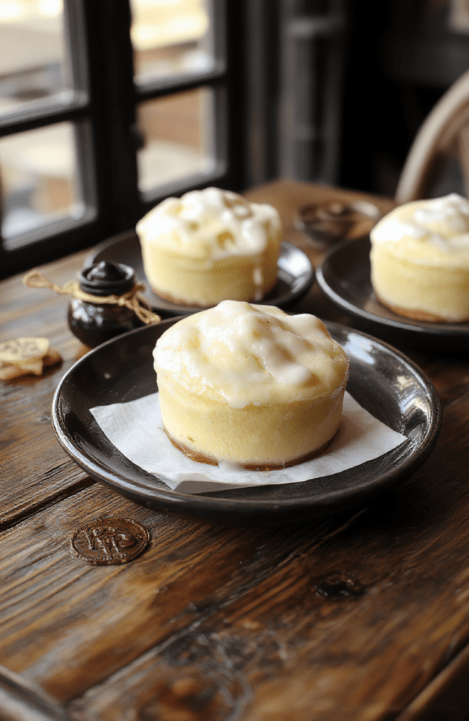 Creamy golden-yellow butterbeer pudding served in a clear glass pudding cup, topped with a generous swirl of whipped cream and a caramel drizzle, garnished with toasted coconut for 'foam', sits on a rustic wooden table beside a quill and a small glass of ginger beer, soft sunlight highlights the glossy sheen and rich texture