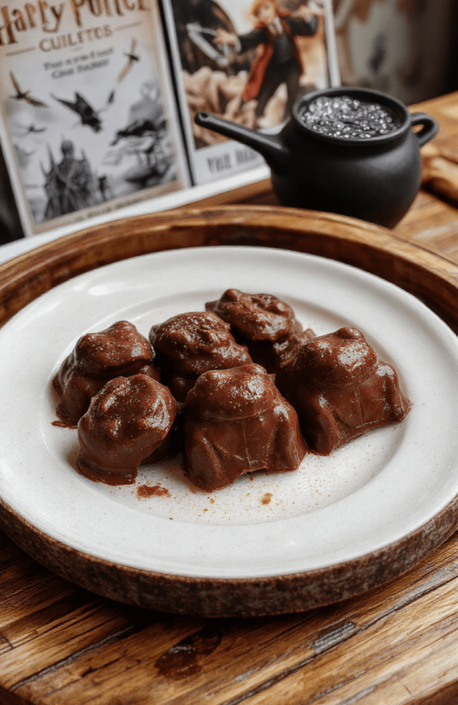 A batch of glossy, frog-shaped chocolate confections with gold foil packaging and magical shimmer, arranged on a rustic wooden tray beside a vintage Hogwarts letter and a small Cauldron Cake; soft natural light highlights the rich cocoa textures and frosted silver detailing.