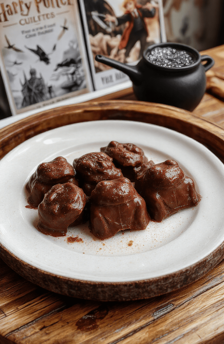 A batch of glossy, frog-shaped chocolate confections with gold foil packaging and magical shimmer, arranged on a rustic wooden tray beside a vintage Hogwarts letter and a small Cauldron Cake; soft natural light highlights the rich cocoa textures and frosted silver detailing.