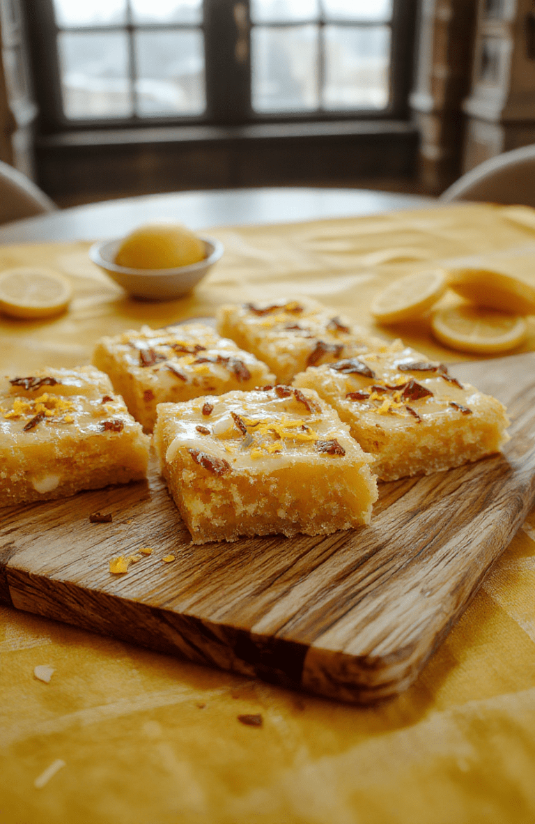 Vibrant golden lemon bars cut into perfect squares, dusted with powdered sugar like enchanted glitter, arranged on a rustic wooden board with a sprig of lemon verbena. Background evokes the Hogwarts Great Hall with warm candlelight, warm amber lighting, and subtle golden shimmer. Fresh lemon zest garnish and glossy lemon glaze dripping slightly.