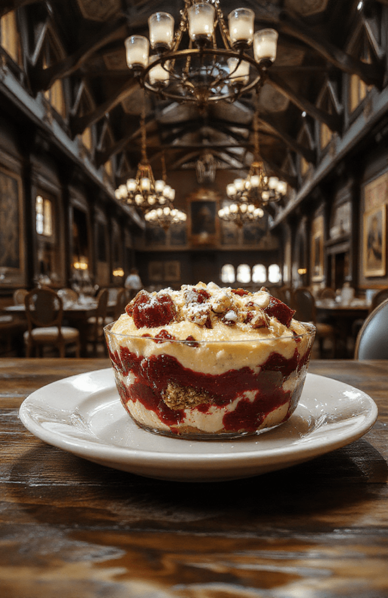 A glass trifle bowl showing layered English trifle with sponge cake soaked in sherry, vanilla custard, jam, whipped cream, and scattered edible glitter and gold leaf, garnished with holly berries and fairy lights wrapped around the rim, on a rustic wooden table with a backdrop of a cozy castle dining hall.