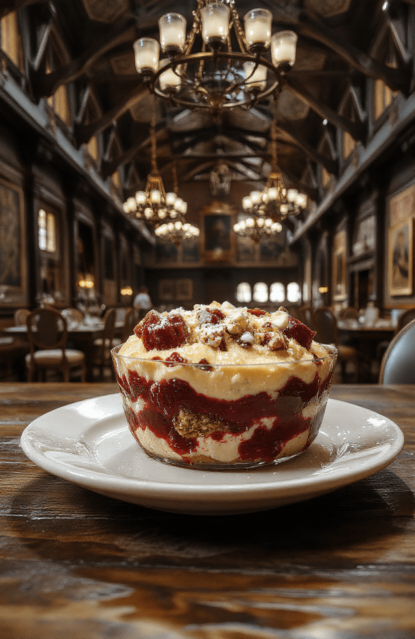 A glass trifle bowl showing layered English trifle with sponge cake soaked in sherry, vanilla custard, jam, whipped cream, and scattered edible glitter and gold leaf, garnished with holly berries and fairy lights wrapped around the rim, on a rustic wooden table with a backdrop of a cozy castle dining hall.