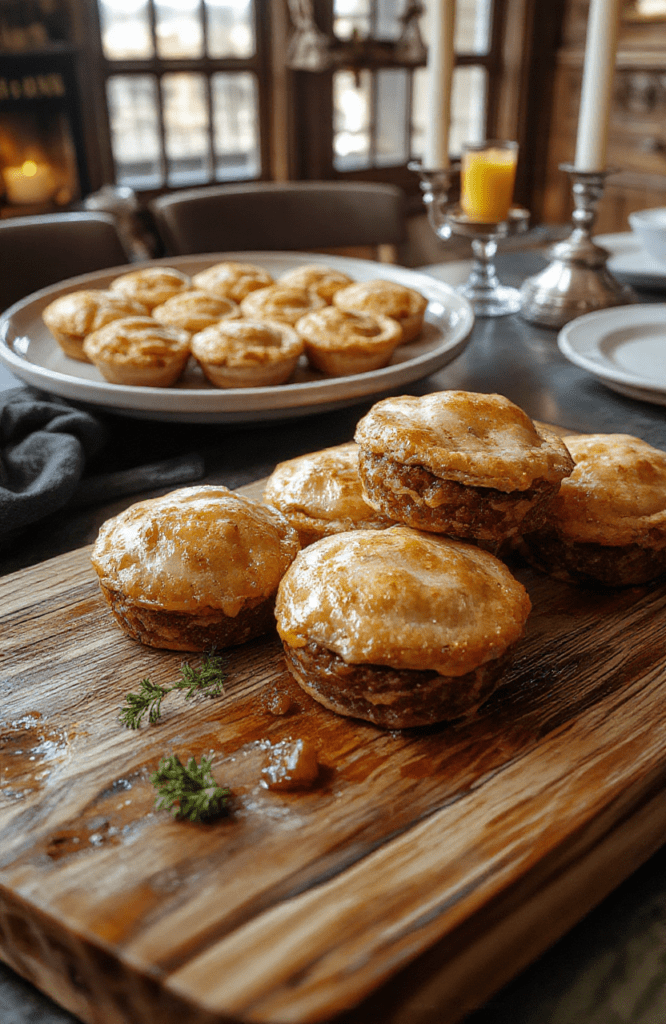 Two steaming golden-brown meat pies resting on a rustic wooden cutting board, flaky puff pastry tops crisscrossed in a classic lattice pattern, sparse steam rising, served with a spoon beside a dollop of creamy mashed potatoes and a sprig of fresh parsley on a检查 Hospitality tray. Background features soft focus of a warm, candlelit Hogwarts Great Hall dining table with Gryffindor tablecloths.