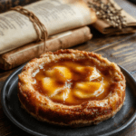 Golden-brown treacle tart with shiny syrupy filling, served on a rustic wooden board, dusted with powdered sugar and garnished with fresh blackberries and mint leaves, against a softly blurred backdrop of Hogwarts Great Hall's stone arches and flickering candlelight.