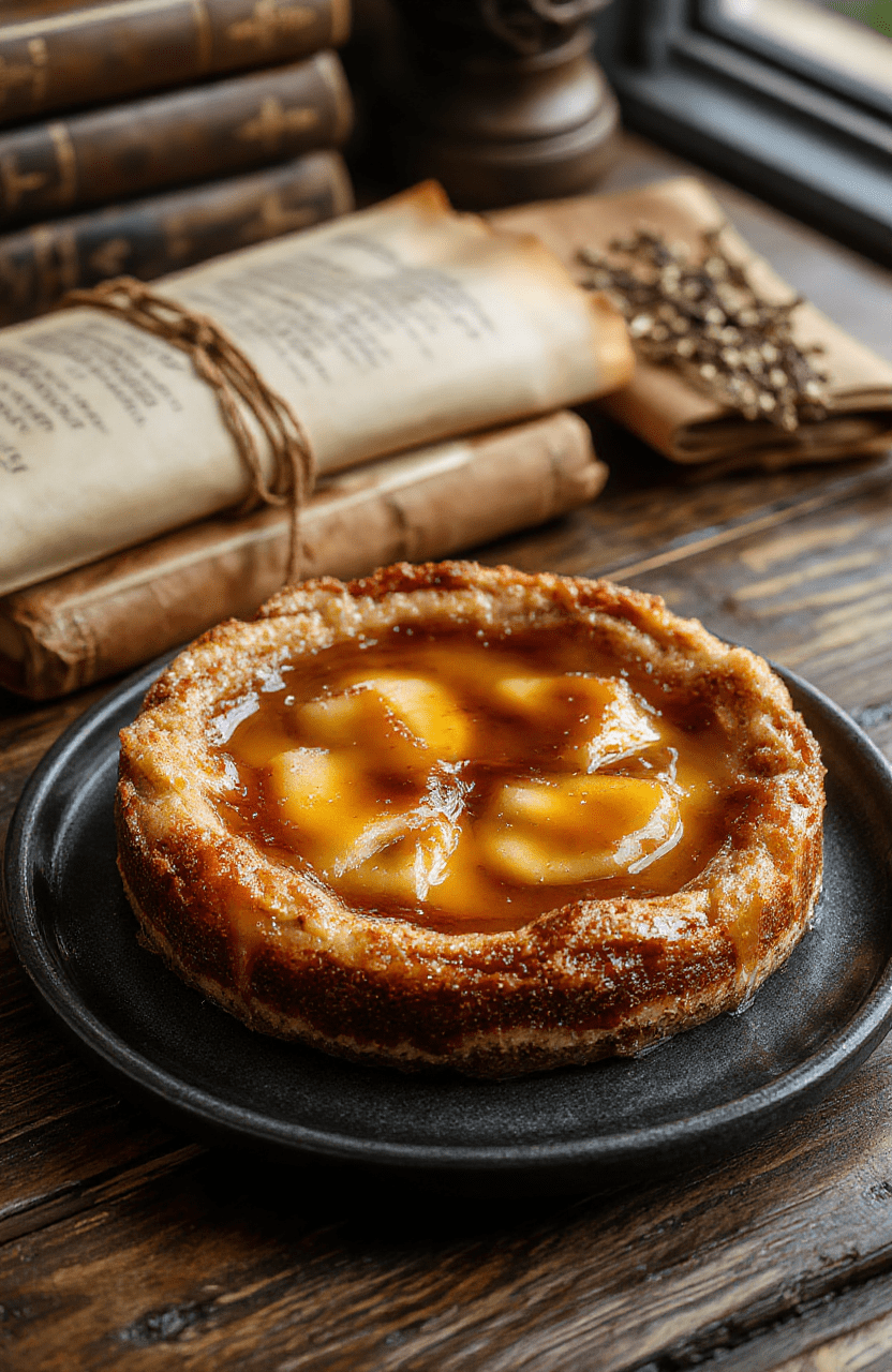 Golden-brown treacle tart with shiny syrupy filling, served on a rustic wooden board, dusted with powdered sugar and garnished with fresh blackberries and mint leaves, against a softly blurred backdrop of Hogwarts Great Hall's stone arches and flickering candlelight.