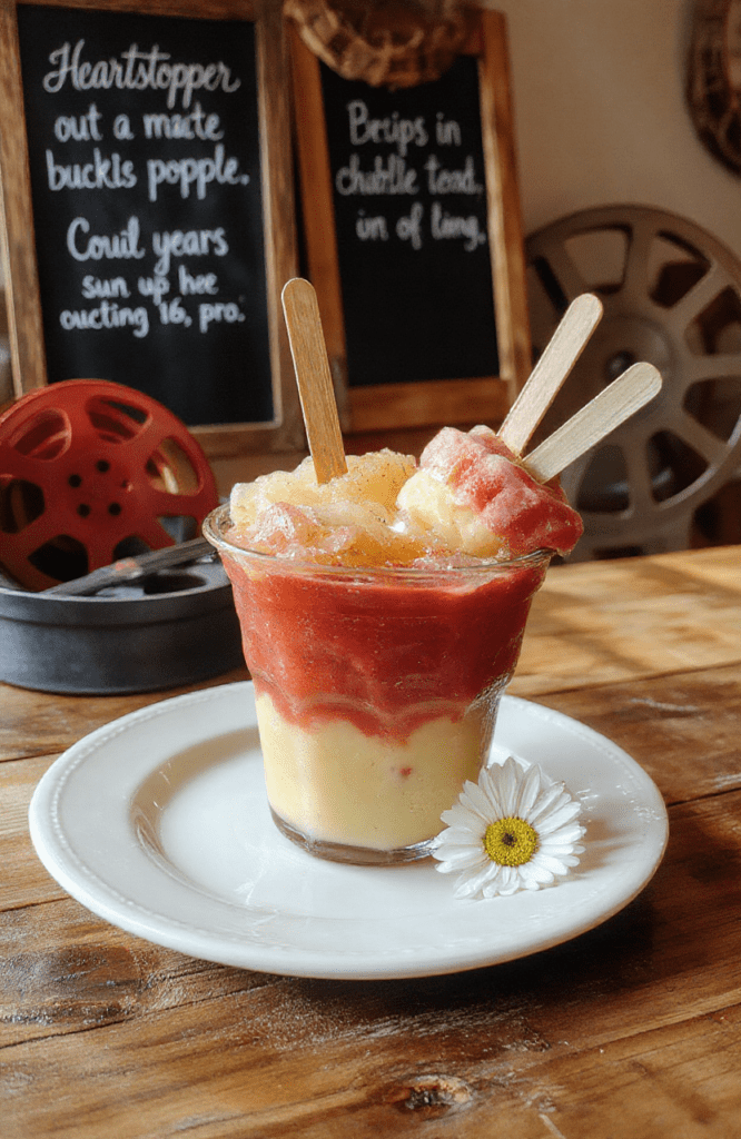 Vibrant pink-and-teal layered bubble tea popsicles with chewy boba pearls nestled in a frosted paper cup, tied with a pastel ribbon and placed on a rustic wooden table with soft sunlight filtering through, evoking the cozy, heartfelt mood of Heartstopper.