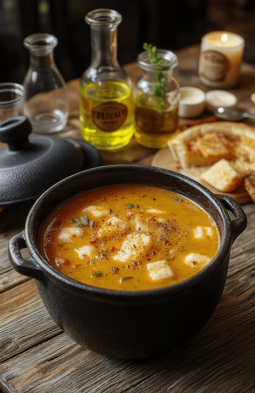 A steaming black cauldron filled with thick, chunky orange soup garnished with 'witch fingers' (garlic knots), floating ghost-shaped marshmallows, pumpkin seeds, and fresh sage, placed on a rustic wooden table with candlelight and vintage potion bottles in the background.